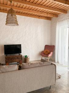 a living room with a couch and a tv at Papoila in Grândola