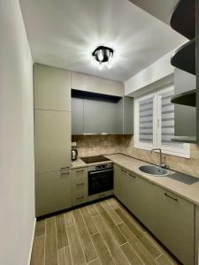 a kitchen with gray cabinets and a sink at Short stay accommodation in Dolno Nerezi