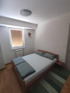 um quarto com uma cama grande e uma janela em Cozy Urban Apartment in Skopje! em Skopje