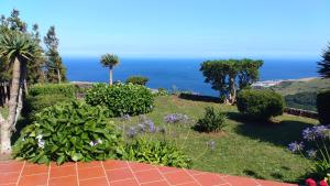 a garden with a view of the ocean at Villa Cedros in Santa Cruz das Flores