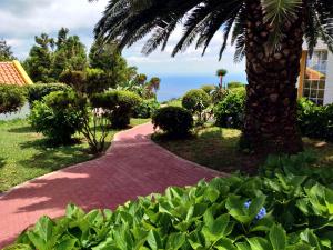 una passerella in mattoni rossi con una palma e l'oceano di Villa Cedros a Santa Cruz das Flores
