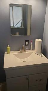 bagno con lavandino bianco e specchio di Lovely 4 BR Home Near Fort Johnson-14 Minute Drive a Leesville