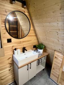 een badkamer met een wastafel en een spiegel bij Pasterzewo 20 - domki Mazury in Pasterzewo