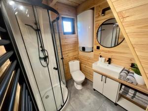 een badkamer met toilet en wastafel bij Pasterzewo 20 - domki Mazury in Pasterzewo +28 foto's