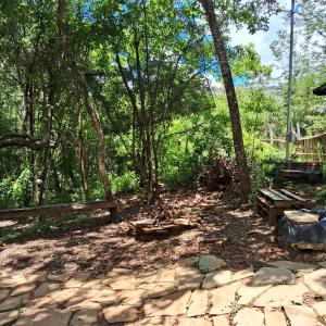 a path in the woods with benches and trees at Quarto em Casa João e Maria STL in São Thomé das Letras