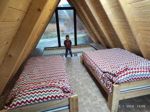 un niño parado en una habitación con dos camas en Vila Homoljska Idila Banja Zdrelo, en Ždrelo