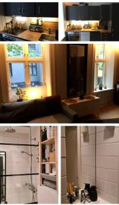 two pictures of a kitchen and a living room at Central Grünerløkka, close to city center in Oslo