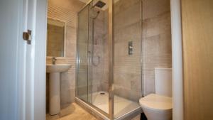 ein Badezimmer mit Dusche, Toilette und Waschbecken in der Unterkunft Northumberland Luxury Stays - The Shearling in West Chevington + 25 Fotos