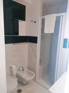ein weißes Bad mit einer Dusche und einem WC in der Unterkunft Fiumicino Aeroporto Casa Vacanze Orchidea in Fiumicino