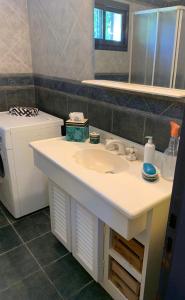 uma casa de banho com um lavatório branco e um espelho. em LA QUINTA em Capilla del Señor