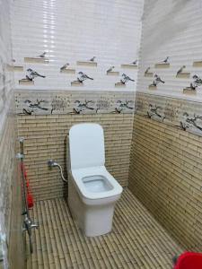 a bathroom with a toilet with birds on the wall at JPM Hostel in Varanasi