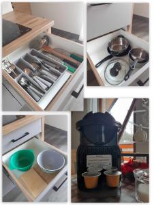 un collage de fotos de una cocina con utensilios en Agroturystyka Jagodowa Róża - Maria Farganus en Mszana Dolna