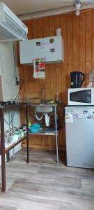 a kitchen with a sink and a microwave at CABAÑA EL BUHO - ESMERALDA in Puerto Natales