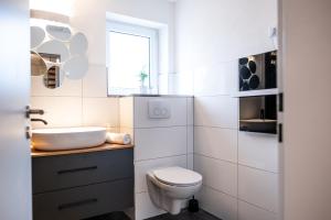 a bathroom with a toilet and a sink and a window at Klassen Apartments! Stadtnahes Ferienhaus* mit Terrasse in Aulendorf * für 6-8 Personen in Aulendorf