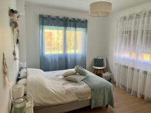 - une chambre avec un lit doté de rideaux bleus et d'une fenêtre dans l'établissement Appartement 4 à 6 pers Annecy, à Annecy