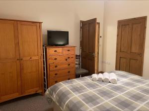 a bedroom with a bed with a tv and a dresser at The Boundary Annex in Bishops Castle