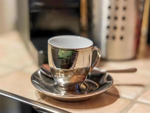 a coffee cup on a plate on a counter at Appartement Birgit in Bad Kleinkirchheim +24 photos