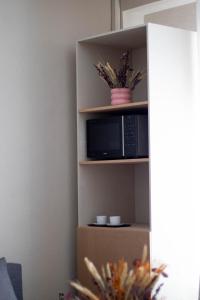 un microondas en un estante de una habitación en Apartamentos Albacete, en Albacete