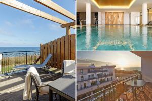 a collage of photos of a hotel with a swimming pool at Aparthotel Waterkant Suites - Fewos am Meer mit SPA in Börgerende-Rethwisch