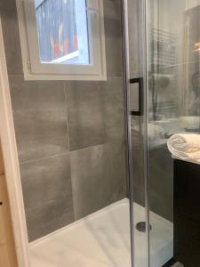 a shower with a glass door in a bathroom at cosy apart hotel 1st in Calais +17 photos