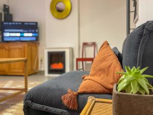 a living room with a couch with a potted plant at Comfortable house G00gle-SHAPE- Chièvres Air Base in Saint-Ghislain