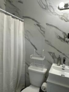 a bathroom with a white toilet and a sink at Villa Clara SUITE - Little Havana in Miami