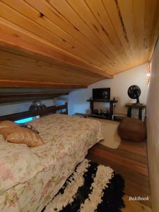 Schlafzimmer mit einem Bett mit Holzdecke in der Unterkunft Guest House Boki da Zezé in Marau