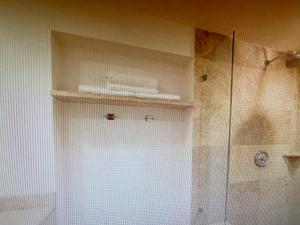 La salle de bains est pourvue d'une douche et d'une porte blanche. dans l'établissement HOTEL LORETO BAY, à Loreto