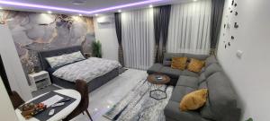 salon z kanapą i łóżkiem w obiekcie GOLD APARTMANI w mieście Prokuplje