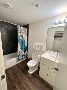 W łazience znajduje się toaleta, umywalka i lustro. w obiekcie Dt 1 Br 1bath Cozy Suite 8 Min Walk To Arena w mieście Edmonton