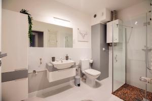 W łazience znajduje się toaleta, umywalka i prysznic. w obiekcie Mocca apartament z dwoma sypialniami i tarasem w Szklarskiej Porębie