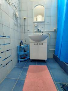 baño con lavabo y alfombra rosa en Apartman HeLena en Soko Banja