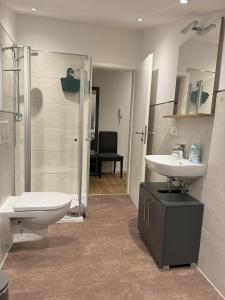 a bathroom with a toilet and a sink and a shower at Schwalbennest Monteurwohnung in Korbach