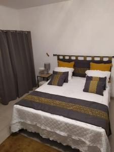 ein Schlafzimmer mit einem großen Bett mit gelben und blauen Kissen in der Unterkunft Studio proche du centre-ville in Carcassonne