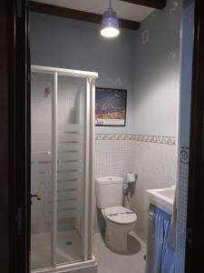 un bagno con doccia, WC e lavandino di Casa Rural Leonor con piscina privada a Casar de Palomero Altre 46 foto