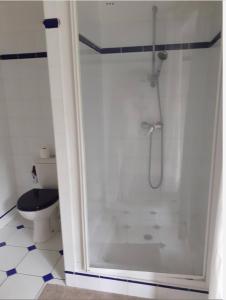 La salle de bains est pourvue d'une douche et de toilettes. dans l'établissement Mendiska, à Bayonne