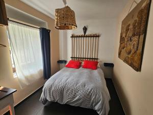 a bedroom with a bed with two red pillows at Loboratorio Rural, La Casa de al Lado in Casas del Abad