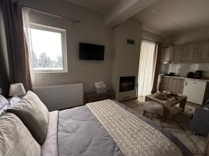 1 dormitorio con cama, mesa y ventana en Lagos Apartment en Elati Trikalon