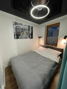 a bedroom with a large bed with a ceiling at Apartament 61 " W Chmurach" in Toruń +19 photos