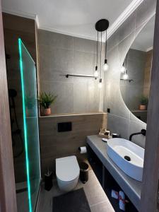 Orange Luxury apartment in agrinio في أغرينيو: حمام به مرحاض أبيض ومغسلة