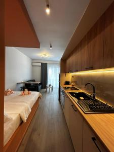 uma cozinha com uma cama e um lavatório num quarto em Orange Luxury apartment in agrinio em Agrinio