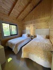 two beds in a room with wooden walls at Cabañas Altos del Bosque in Licán Ray
