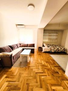sala de estar con sofá y suelo de madera en Cozy studio apartment near the city park en Strumica