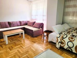 sala de estar con sofá púrpura y cama en Cozy studio apartment near the city park en Strumica