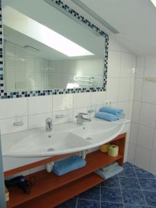 baño con lavabo y espejo grande en Ferienwohnung Anita, en Sankt Gallenkirch