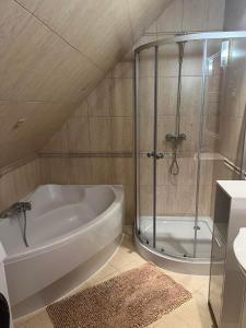 a bathroom with a shower and a white bath tub at Apartament u Mrugały in Biały Dunajec