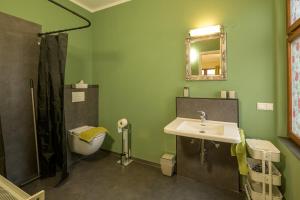 a green bathroom with a sink and a shower at Gästehaus Villa Fliedner - Das Kutscherhaus 