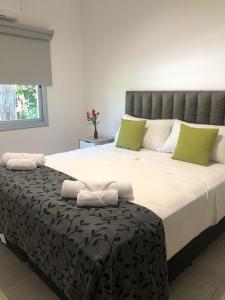 a bedroom with a large bed with green pillows at Pilar Norte. Departamentos in La Lonja