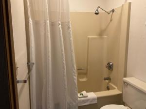 baño con ducha con cortina blanca en Great Northern Motel, en Mercer