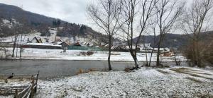 una localidad cubierta de nieve con un río y árboles en Căsuța cu Povești, en Rucăr